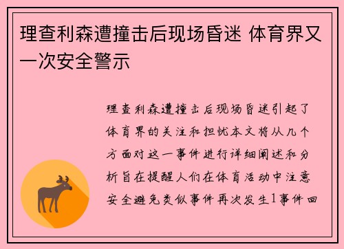 理查利森遭撞击后现场昏迷 体育界又一次安全警示
